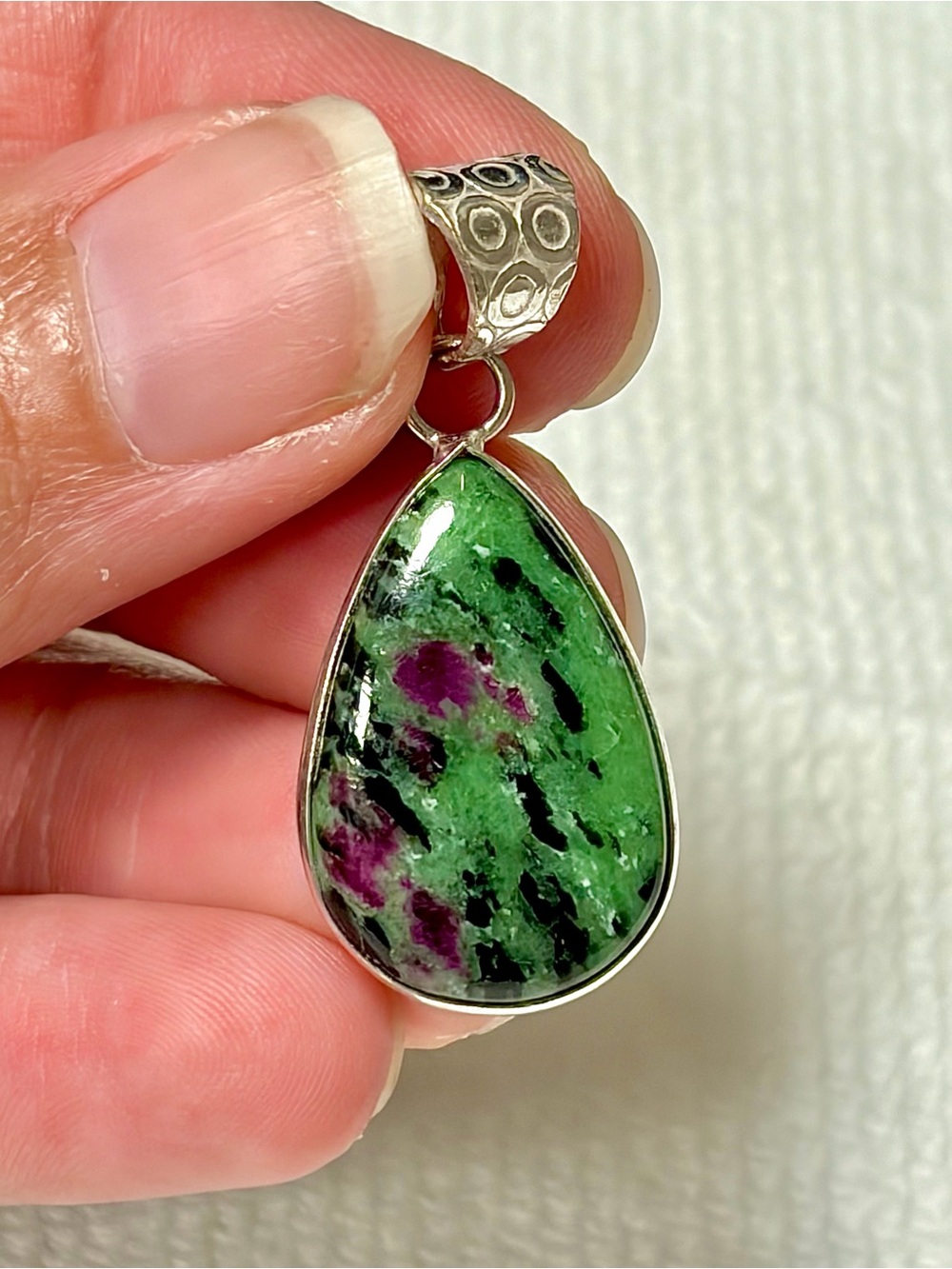 Sterling Silver Green and Pink Ruby Zoisite Teardrop Pendant